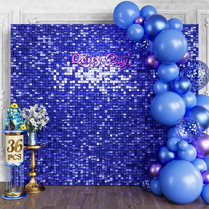 Qcity Blue Shimmer Wall Backdrop 36PCS, Square Sequin Glitter Backdrop Panel by QCITY