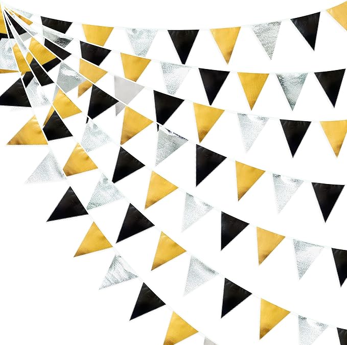 Black Gold Silver Party Decoration Triangle Pennant Banner Flag Metallic Fabric by pinkblume