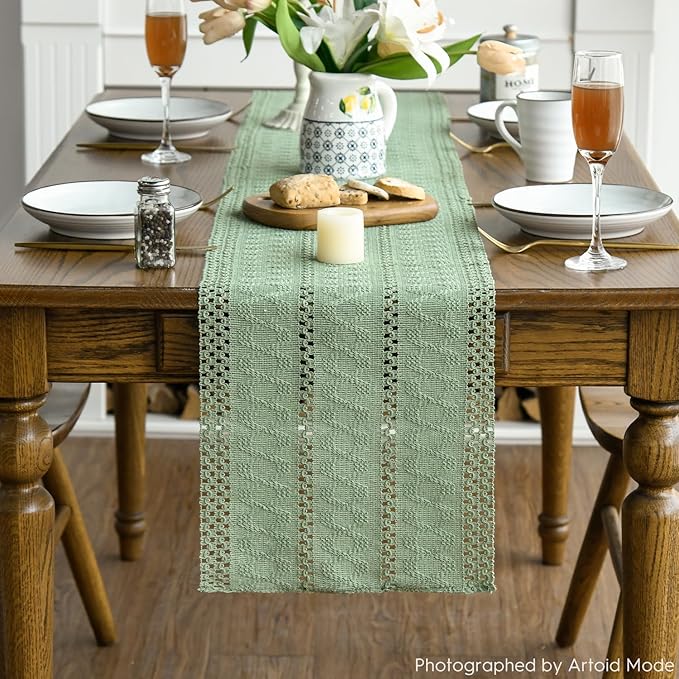 Artoid Mode Light Green Farmhouse Woven Rustic Hollow Table Runner, Seasonal - Image 2