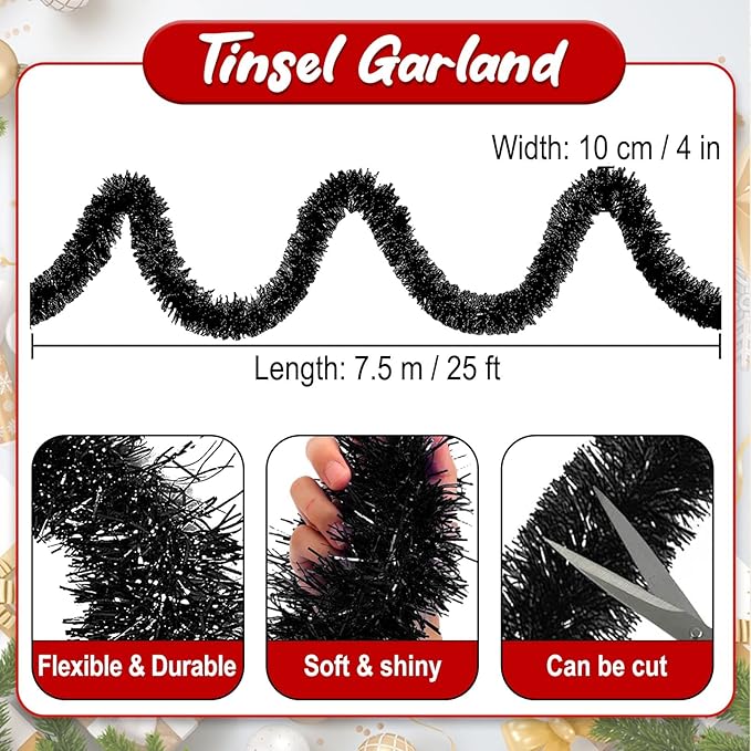 25 Feet Black Christmas Tinsel Garland, Metallic Foil Twist Banner Wall Hanging - Image 2