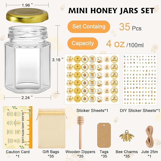 35 Pack 4 oz Mini Hexagon Glass Honey Jars - Image 2