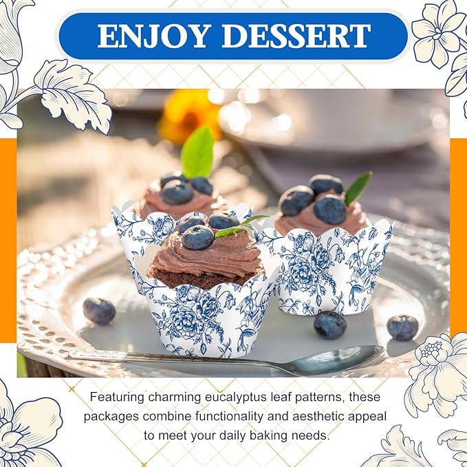 Domensi 100 Pcs Blue Floral Cupcake Wrappers Rustic Cupcake Liners Baking Cups - Image 2