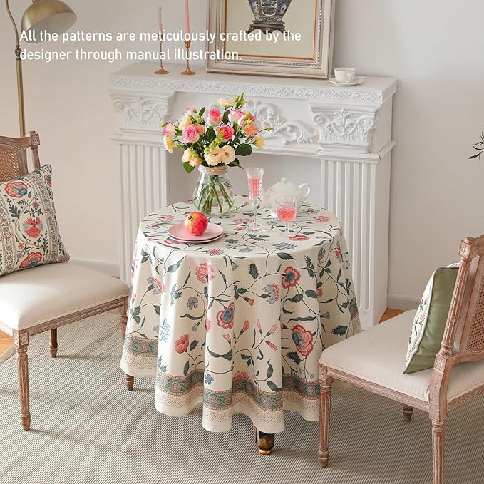 ISAENNE Designer Chinoiserie Linen Floral Small Round Tablecloth, Elegant Decor - Image 5