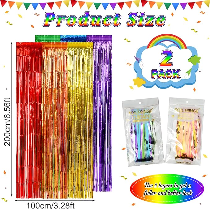 2Pack 3.3X6.6Ft Rainbow Foil Fringe Curtains Backdrop Decorations, Rainbow - Image 2