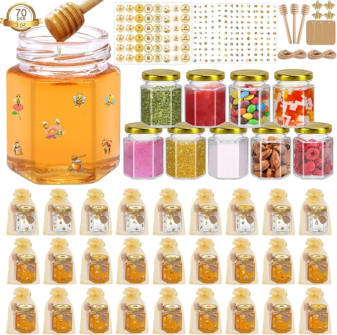 70 Pack 3 oz Mini Hexagon Glass Honey Jars by BGraceyyMoments