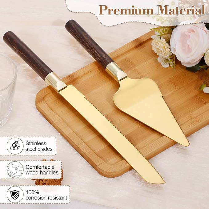 Gold Cake Cutting Set for Wedding, Wood Cake Knife and Server Set, Vintage - Image 3