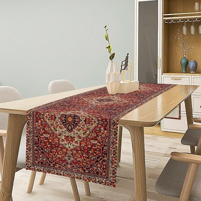 Boho Floral Vintage Table Runner, Paisley Retro Red Flower Rustic Country - Image 2