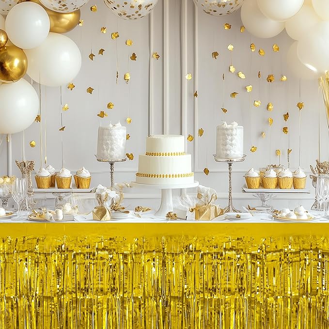 2 Pack Gold Table Skirts, 29x108" Metallic Foil Tinsel Fringe Table Skirts - Image 5