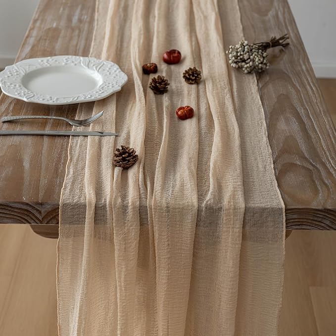 3pcs Deep Beige Cheesecloth Table Runner Rustic Boho Gauze 120 Inch 10 FT - Image 5