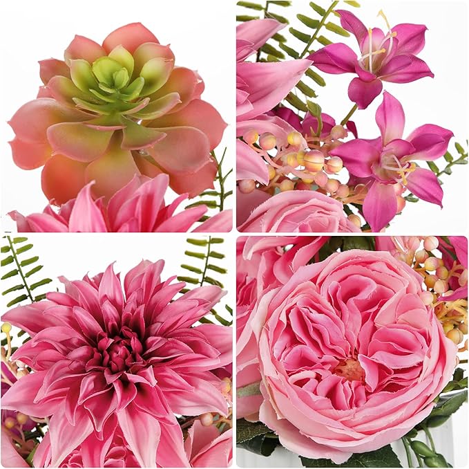 Briful 13" Faux Flower Arrangement in White Ceramic Vase – Pink Artificial - Image 3