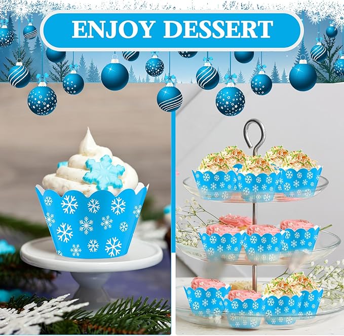 Domensi 100 Pcs Snowflake Cupcake Wrappers Blue Cupcake Liners Christmas Blue - Image 5