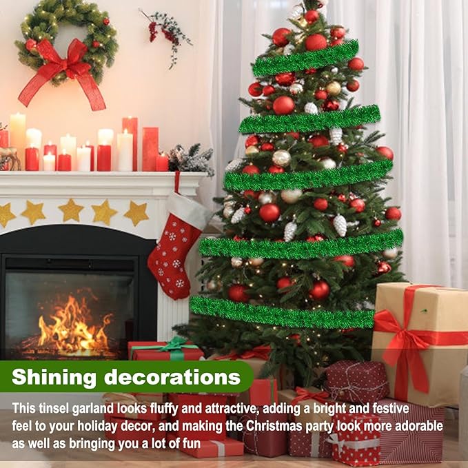 50 Feet Green Christmas Tinsel Garland, Metallic Foil Twist Garland Wall - Image 4