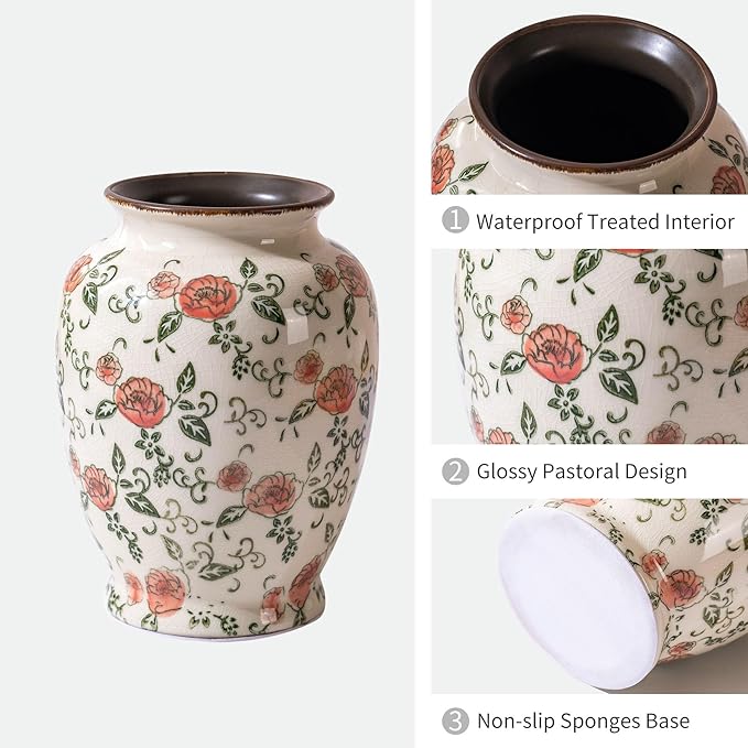Green and Beige Vintage Round Vase, Antique Decorative Ceramic Flower Vases - Image 3