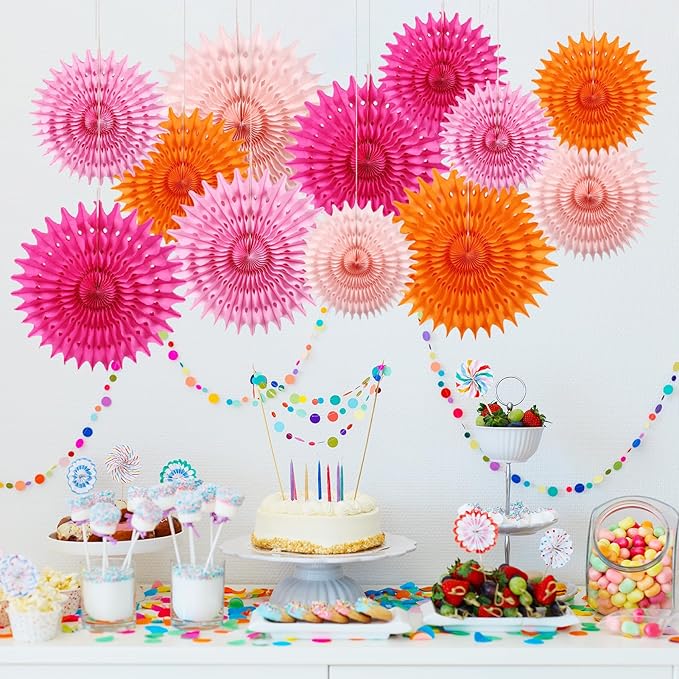BestoFun 12PCS Paper Fans Orange and Hot Pink Party Decorations Tissue Paper - Image 2