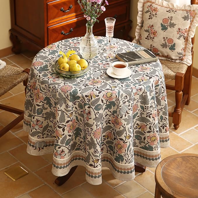 ISAENNE Designer Boho Floral Round Tablecloth, Linen Lotus Flower Pattern - Image 3