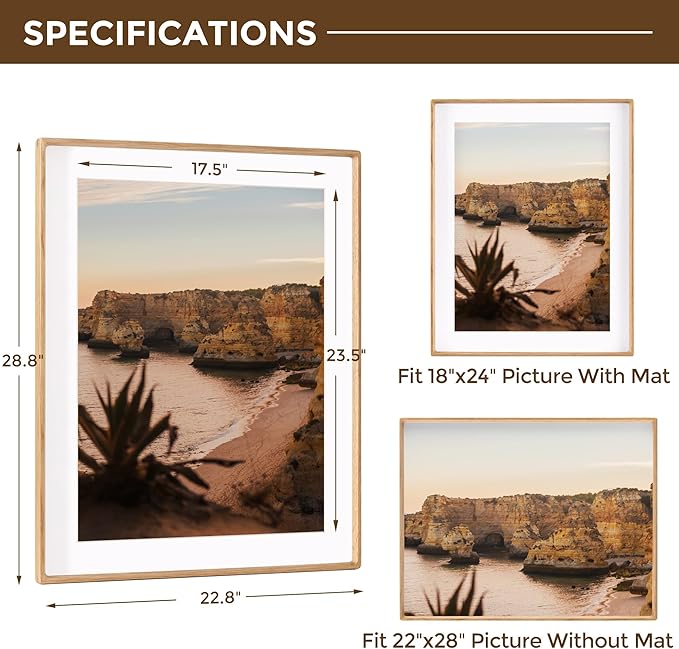 22x28 Frame with Mat to 18x24 Picture Frames USA-Sourced Natural Solid Oak Wood - Image 2
