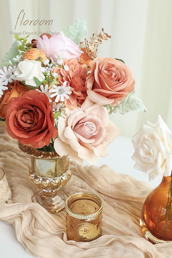 Floroom Terracotta Artificial Flowers Burnt Orange Fake Roses Peonies Dahlias - Image 4
