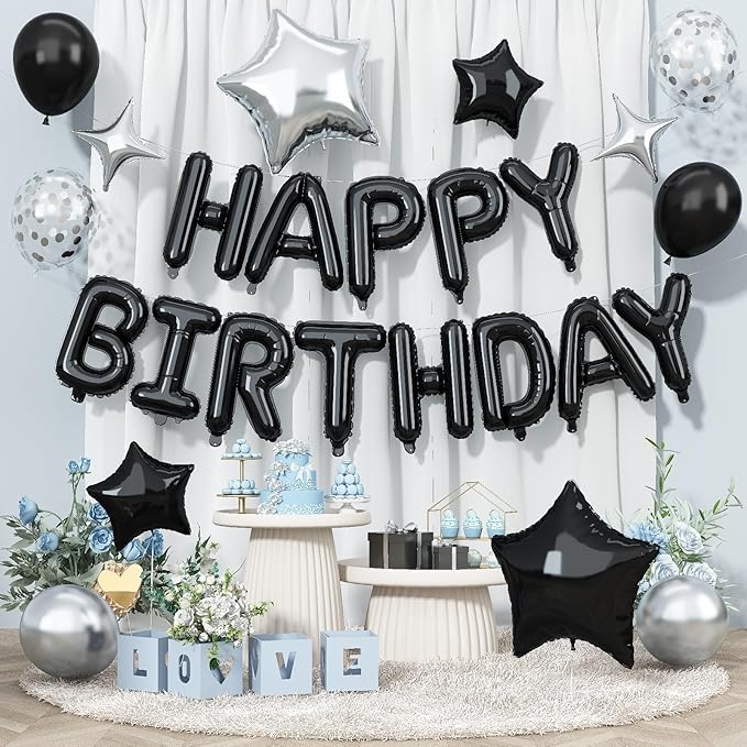 Happy Birthday Balloon Banner Black Silver, 16 Inch Mylar Foil Letter Balloons by Togvu