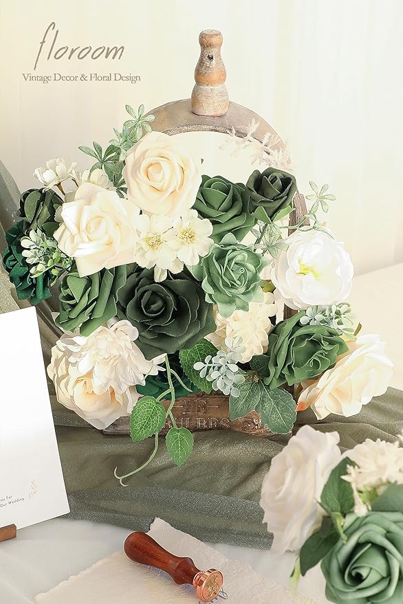 Floroom Olive Green Artificial Flowers Forest Green Fake Roses Peonies Dahlia - Image 2