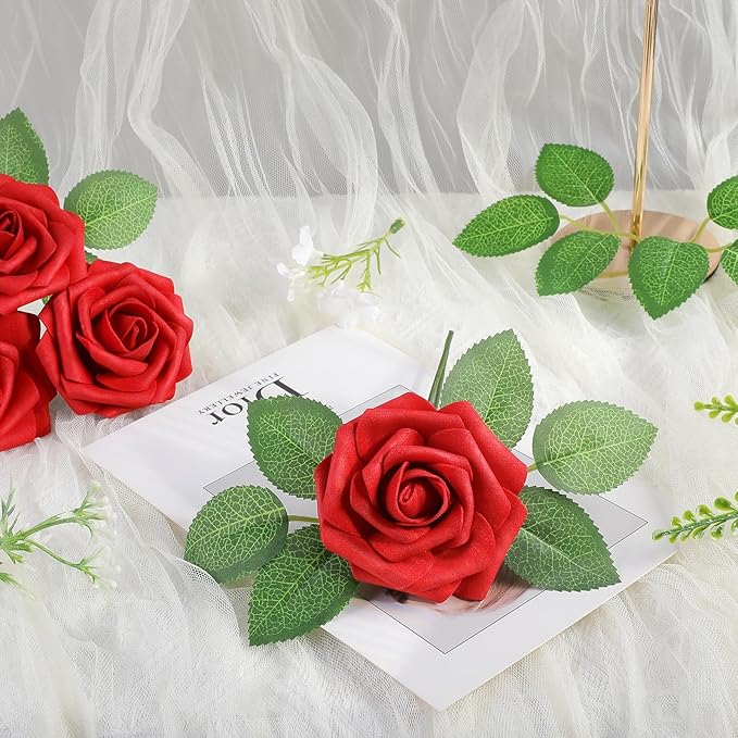 AmyHomie 25pcs Real Looking Artificial Red Roses w/Stem - Image 7