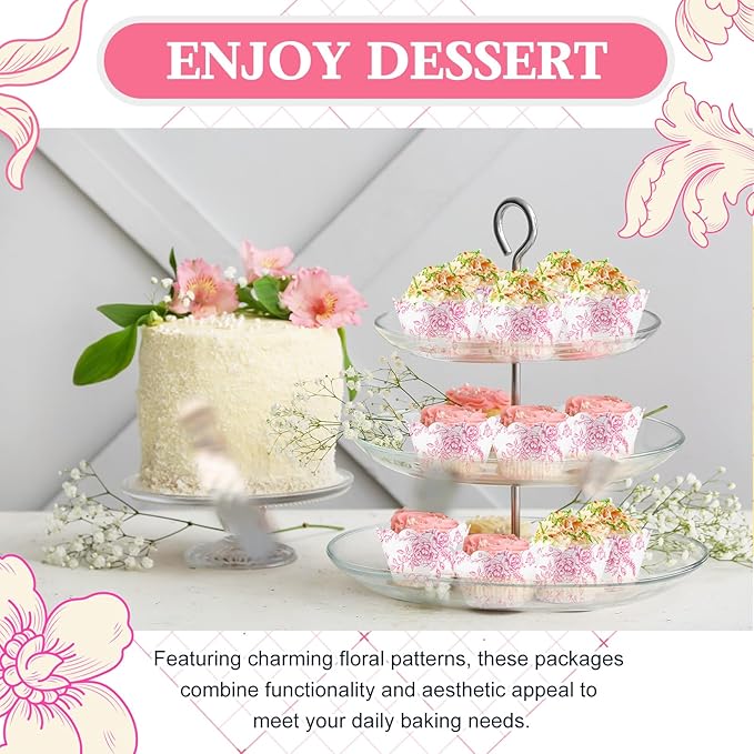 Domensi 100 Pcs Pink Floral Cupcake Wrappers Rustic Cupcake Liners Pink Baking - Image 6