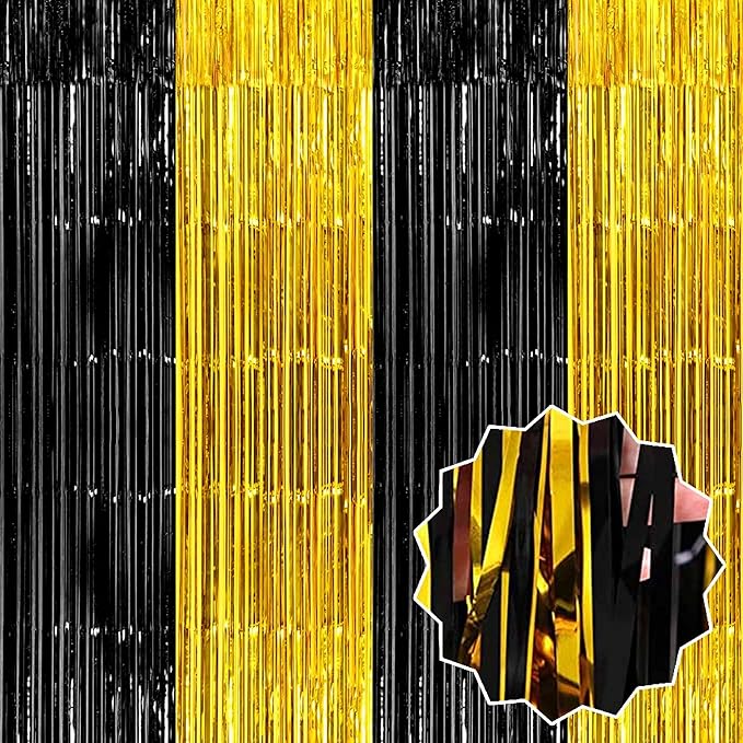 6 Pack Black and Gold Foil Fringe Curtains Backdrop, 3.28 x 8.2 Ft Metallic by LANTIANCHEN