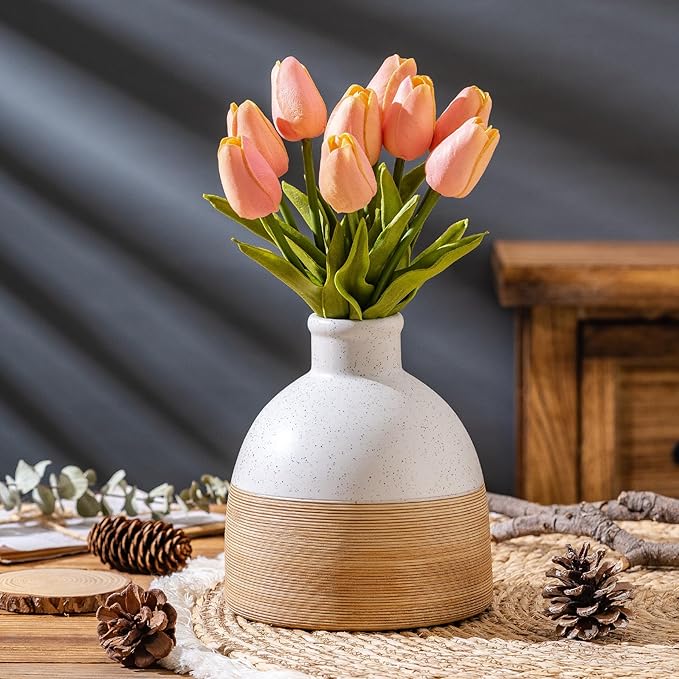 Rustic Farmhouse Flower Round Ceramic Striped Vase, Living Room, Bookshelf Decor by SUREYUESI