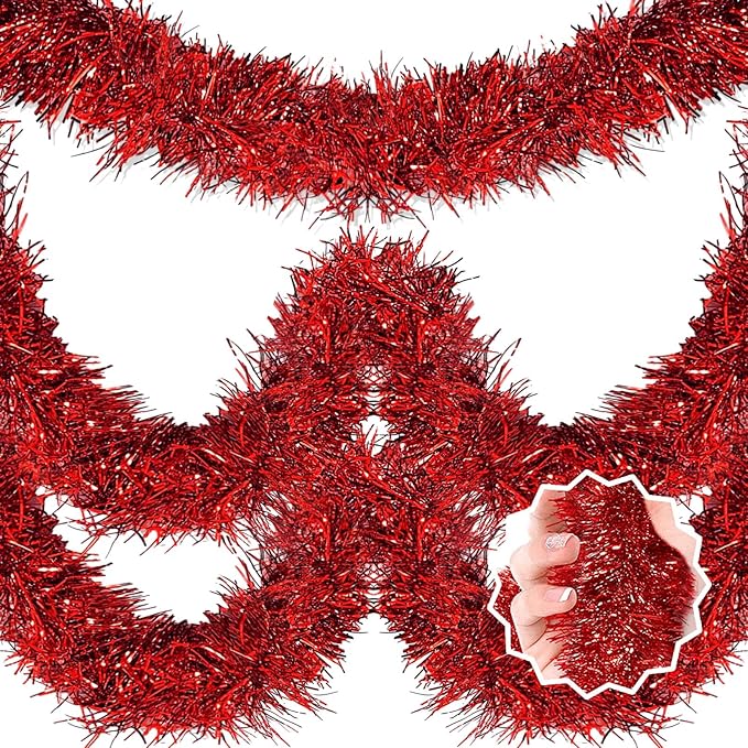 25 Feet Red Christmas Tinsel Garland, Metallic Foil Twist Banner Wall Hanging by LANTIANCHEN