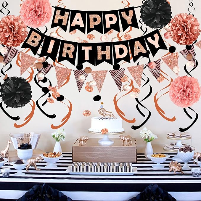 FECEDY Rose Gold Theme Happy Birthday Banner Flag Bunting Paper Circle Confetti - Image 3