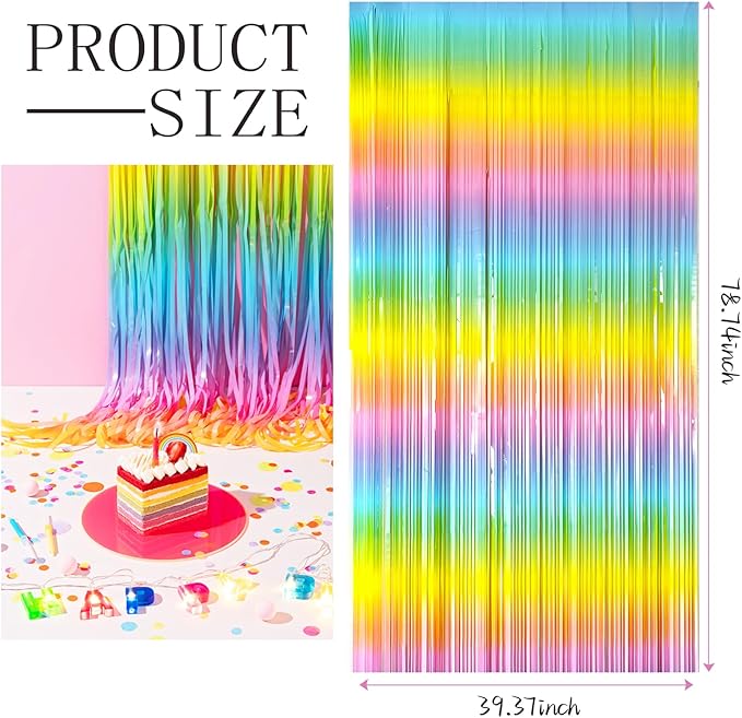 3 Pack Backdrop Pastel Rainbow Foil Fringe Backdrop Curtains Dance Party - Image 2