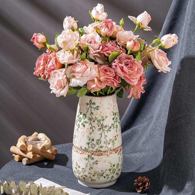Vintage Green and Beige Vase, Large Round Ceramic Floral Vases, Retro Ice by SUREYUESI