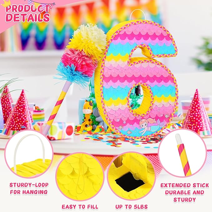 Number 6 Pinata for Birthday Party Decorations, Unicorn Mermaid Theme Pink - Image 5