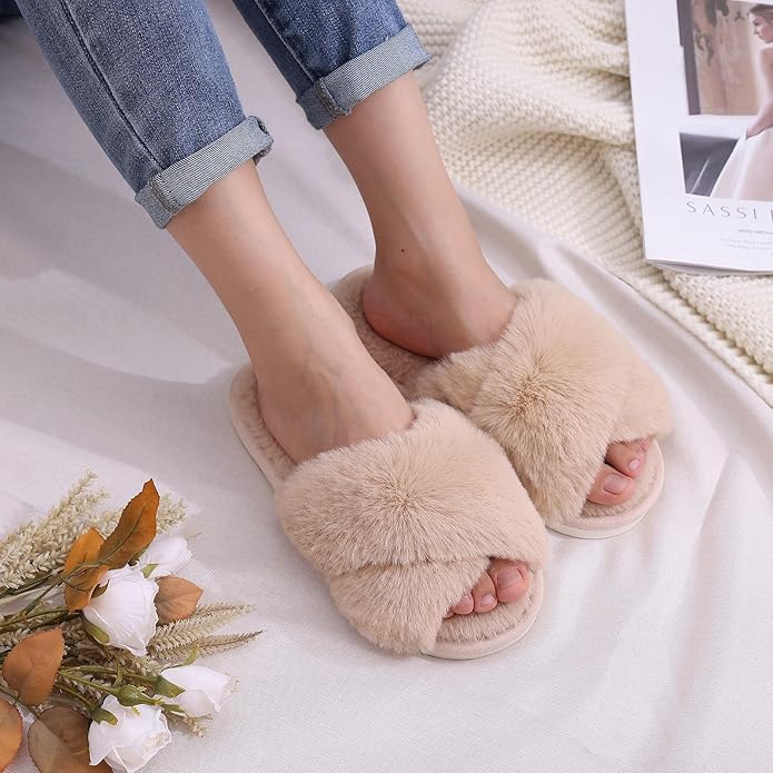 Evshine Women's Fuzzy Slippers Cross Band Memory Foam House Slippers Open Toe - Image 2