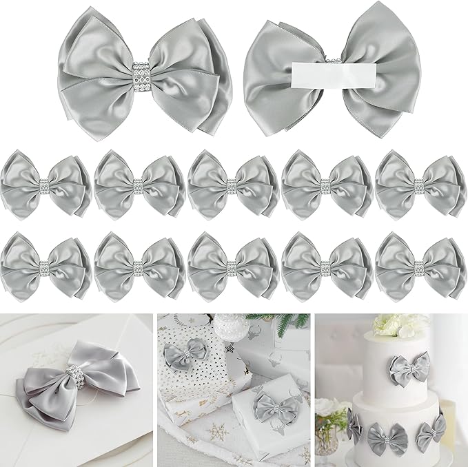 Silver Satin Bows 4'' Premade Ribbon Bow, Wrapping Bows by LiBongTa