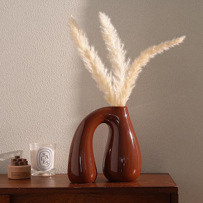 Brown Ceramic Vase – Glossy Modern Sculptural Décor, Arch Handle Artistic Design - Image 3