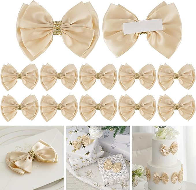 Champagne Gold Ribbon Bow 4'' Premade Satin Bows, Gift Bows by LiBongTa