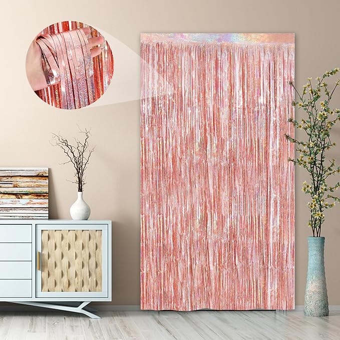 Rose Gold Foil Party Streamers 2 Pack Metallic Tinsel Fringe Curtain 3.3X 8.3ft - Image 4