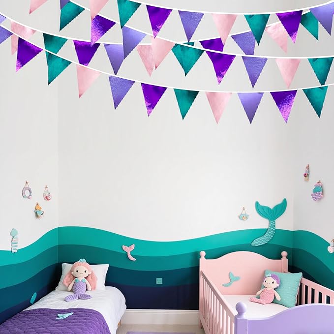 Mermaid Party Decorations Purple Pink and Teal Aqua Metallic Fabric Triangle - Image 6