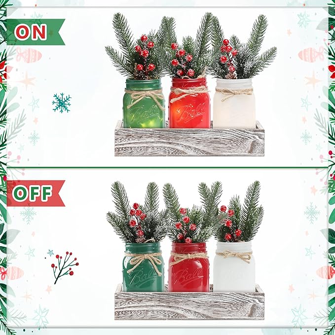 Christmas Mason Jars, Christmas Centerpiece Table Settings, Wood Tray - Image 4
