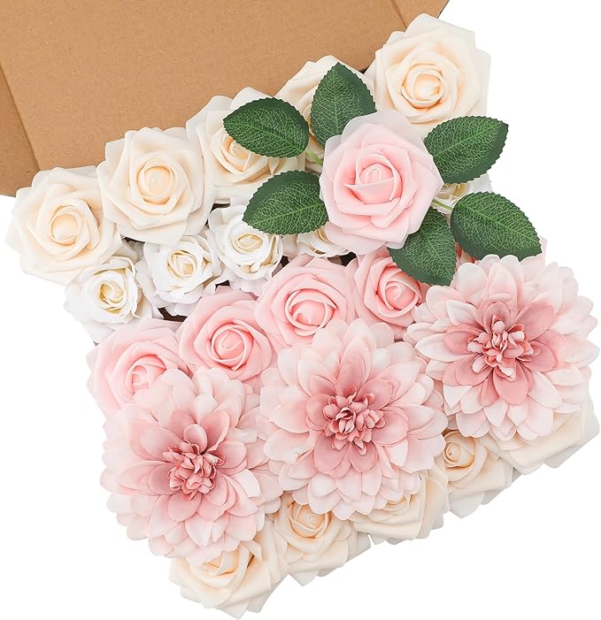 Floweroyal Artificial Pink Flowers Fake Rose Flowers Dahlia by FloweroyalCrafts