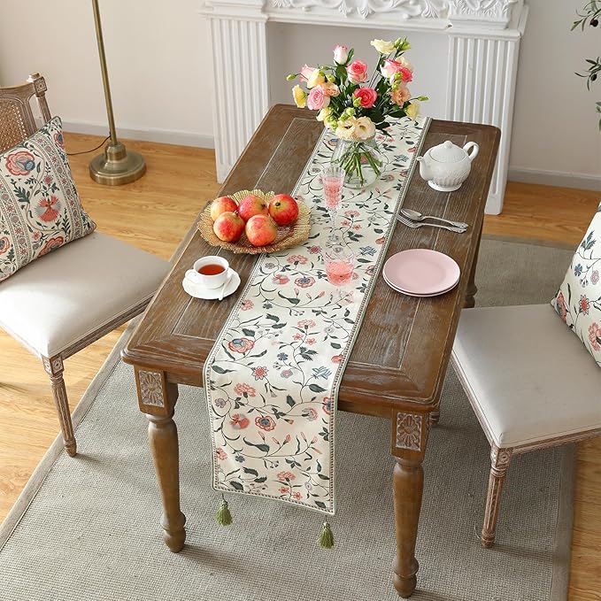 ISAENNE Designer Chinoiserie Elegant Linen Floral Extra Long Table Runner 118 - Image 9