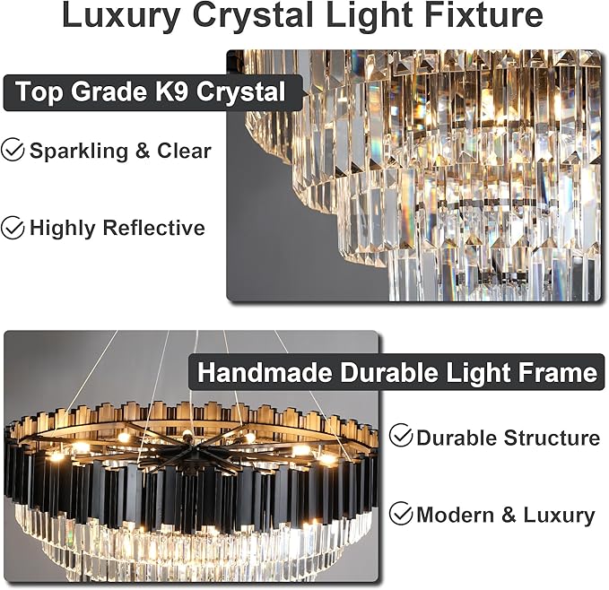39" Black Crystal Chandelier, 21-Light Modern Luxury Round Chandelier, 7-Tier - Image 7