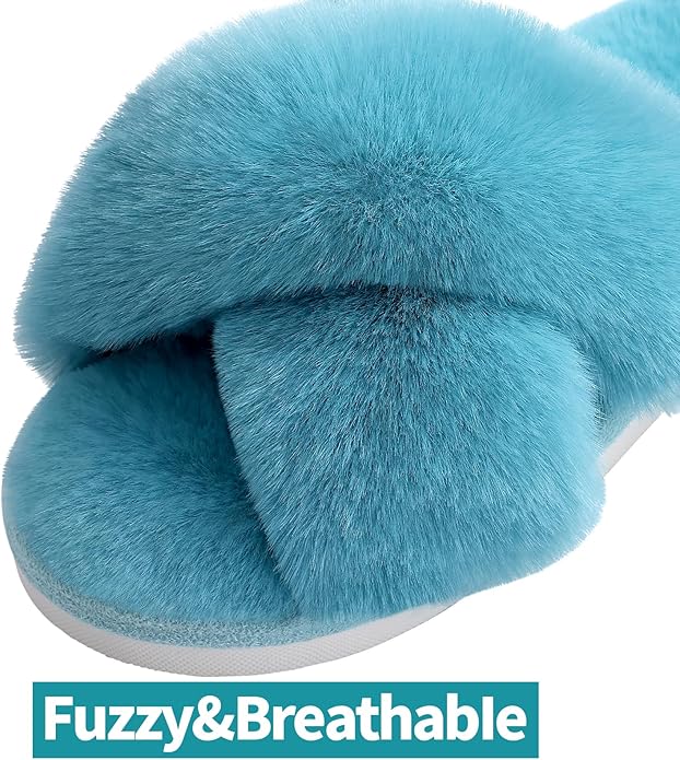 Evshine Women's Fuzzy Slippers Cross Band Memory Foam House Slippers Open Toe - Image 3