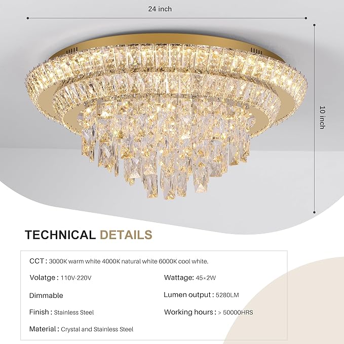 24 inch Crystal Gold Ceiling-Light Flush Mount - Image 2