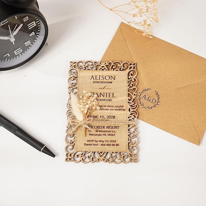 Personalized Wedding Invitations, Laser Cut Wedding Invitation, Flower Wooden - Image 7