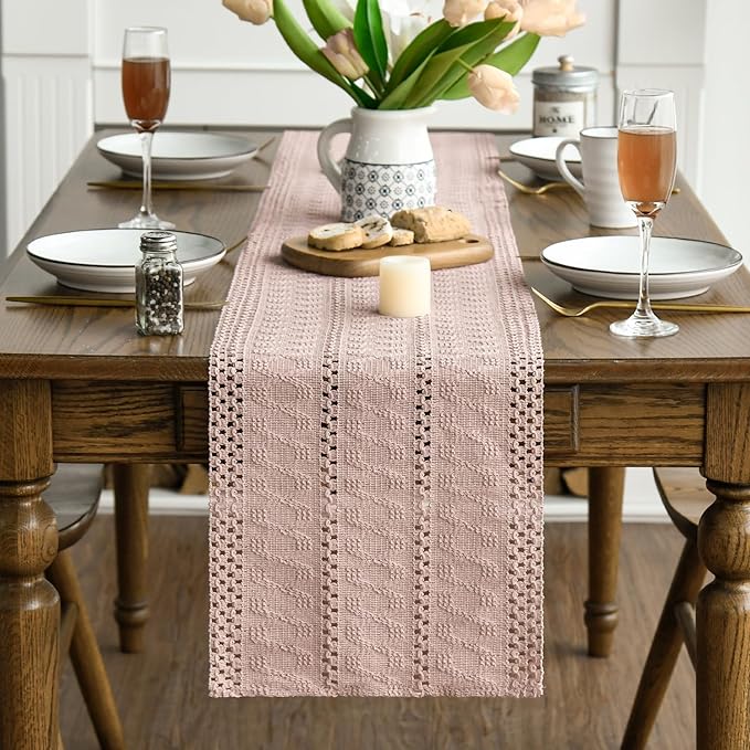 Artoid Mode Pink Farmhouse Woven Rustic Hollow Table Runner, Seasonal Holiday - Image 2