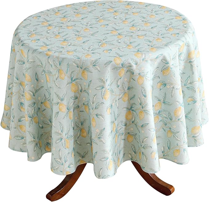 patdrea Designer Green Round Tablecloth, Vintage Linen Yellow Fruits Pattern by Welcometopatdrea