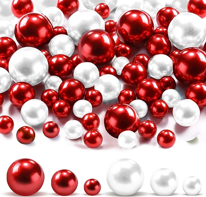 180PCS Red & White Beads for Centerpieces Vases, No Hole Polished Pearl Makeup by Cusmation