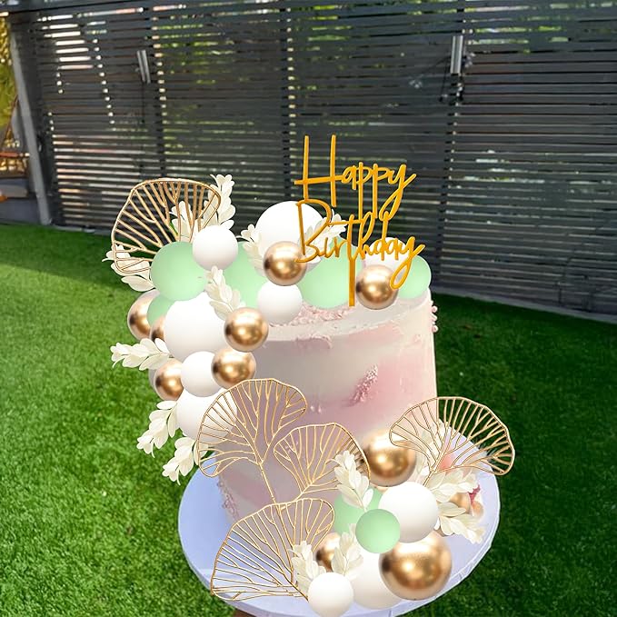 Gyufise 57Pcs Balls Cake Topper Boho Grass Cake topper Pearl Balls Acrylic - Image 5