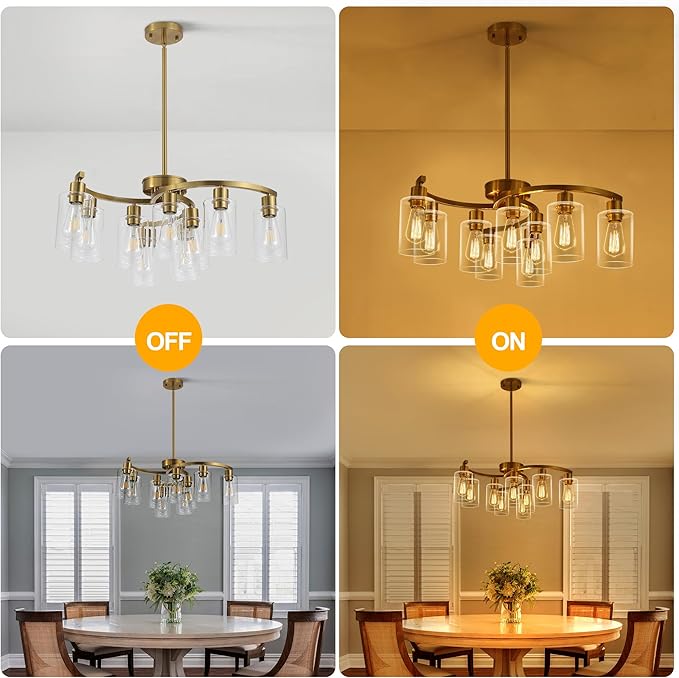 9-Light Gold Glass Chandelier, Adjustable Height Dining Room Light Fixtures - Image 5